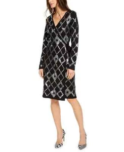 INC Diamond Geo Sequin Wrap Tie Knit Long Sleeve Sweater Dress - M - Deep Black - Picture 1 of 4