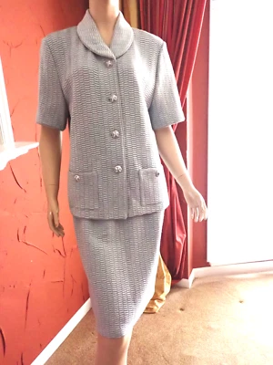 Traje Falda St John Tejido Dos Piezas Plateado Azul/Gris Chaqueta Talla 10 Falda Talla 8 Foto 1 de 4