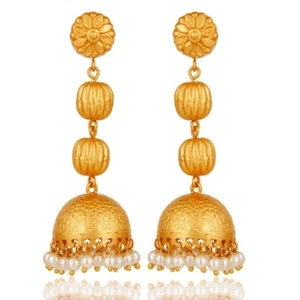 Yellow Gold Ball Flower Long Jhumki Earrings Design Engraved Bead Pearl Jhumka - Picture 1 of 3