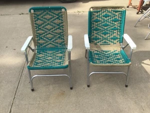 2 Vintage Aluminum Sunbeam Folding Lawn Chairs Macrame Weave Woven Green & Tan - Picture 1 of 12