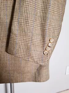 Vtg 44XL Blue Brown Wheat Gold Glen Check SILK Tweed Blazer Jacket Sport Coat - Picture 1 of 8