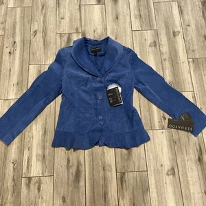 NEW Bernardo Womens Suede Leather Blue Jacket Blazer Ruffle Small Lined NWT - Picture 1 of 12