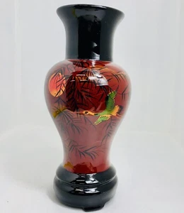 Vintage Vietnam Wood Painted Lacquer Vase Black Ox Blood Floral Gold Cranes Moon - Picture 1 of 11