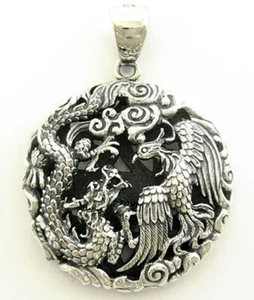 JAPANESE DESIGNS "DRAGON & PHOENIX" STERLING 925 SILVER PENDANT - Picture 1 of 6