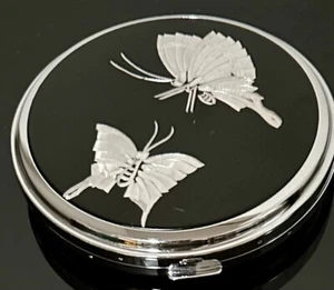 Nacon Convertible Compact Hand Mirror Black with Silver Tone Butterflies Vintage - Picture 1 of 4
