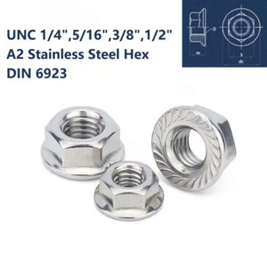 UNC 1/4",5/16",3/8",1/2" Flanschmuttern gezahnt A2 Edelstahl Sechskant DIN 6923 - Bild 1 von 12