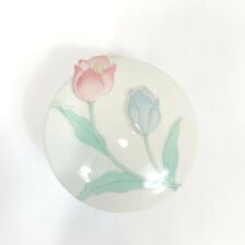 Vintage Japan Round Porcelain Trinket Box Pink Blue Floral Green Stem With Lid G