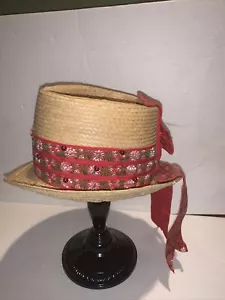 Vintage 1950s Preppy Straw Hat Fedora Wide Pink Tapestry Ribbon - Picture 1 of 4