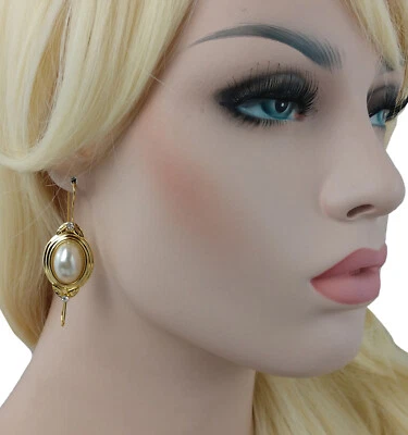 Large Oval Faux Pearl Cabochon Gold Tone Dangle Drop Earrings Pierced 2 1/2" - Image 1 of 4