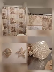 Coastal-Ocean-Beach Theme Bathroom Set Shower Curtain, Hooks Tan/White - Picture 1 of 5