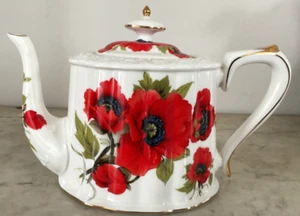 Grace's Teaware Teapot Red Poppy Floral w/Gold Trim Porcelain - Picture 1 of 8