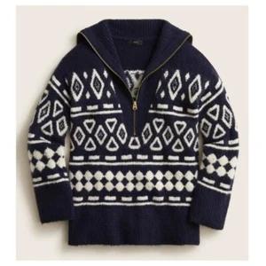 J.Crew Women Relaxed Half-Zip Sweater in Geometric Knit Blue White Size XS - Picture 1 of 5
