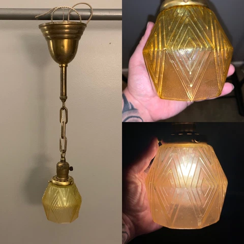 20” Wired Weathered Brass Pendant Light Fixture Cool Yellow Amber Shade  97B Cover
