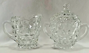 Fostoria Amerikanisches Milchkännchen und Zucker Set mit Deckel ~ Klares kubistisches Muster. - Bild 1 von 8