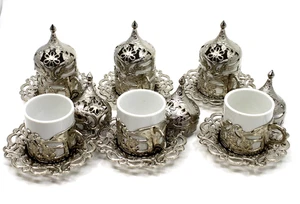 6 Türkische Kaffee Espressotassen mit Innen Porzellan Metall Halter Untertassen & Deckel - Bild 1 von 11