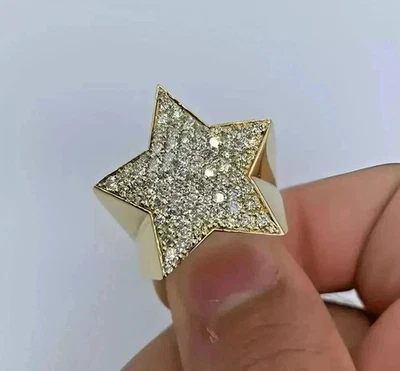 Мужское обручальное кольцо в форме звезды с круглым муассанитом 2 карата с покрытием из желтого золота 14 карат - Изображение 1 из 4