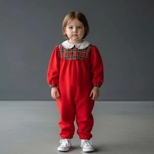 Vintage Oshkosh Weihnachten Overall Outfit rot kariert Blumen Peter Pan Kragen Gr. 2T  - Bild 1 von 13