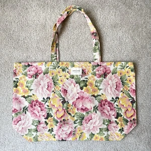 Sezane Canvas Tote Bag Pink & Yellow Floral Travel Paris Vacation School - Picture 1 of 5