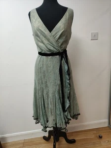 Karen Millen Lace Wrap Neck Dress UK10 Pale Green Lined Black Lace Trim Tie Belt - Picture 1 of 6