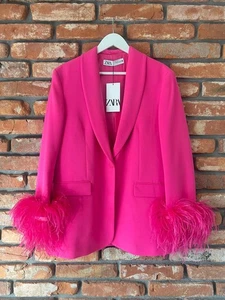 A264 LIMITED EDITION ZARA STRAIGHT BLAZER JACKET WITH FEATHERS PINK COAT - M - Picture 1 of 23