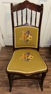 Antique Rocking Chair with Floral Needlepoint Seat/Back Rest and Nail Head Trim - Picture 1 of 8