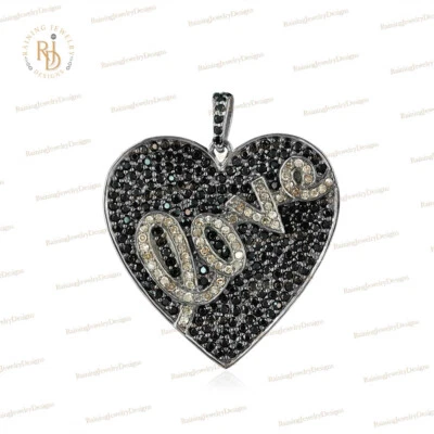 Colgante de plata 925 con corazón de espinela negra pavé de diamantes palabra de amor para mujer Foto 1 de 4