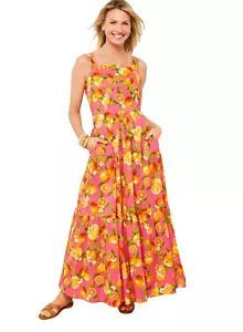 Talbots ~ Pink Cotton Lemons Tiered Flare Smocked Maxi Party Dress 10P NEW $169 - Picture 1 of 8