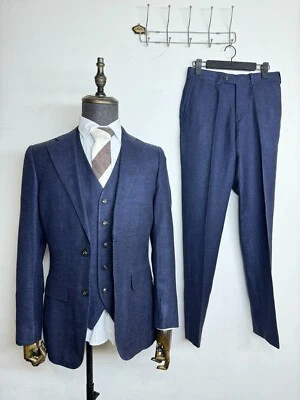 SuitSupply Lazio US 34R blue Slim Suit Single Breasted Wool Silk Linen 3 Piece - Image 1 of 4