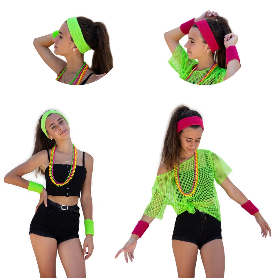 OBLIQUE UNIQUE Neon Stirnband + Schweißband Set 80er Jahre 80s Karneval Fasching Party -wählbar