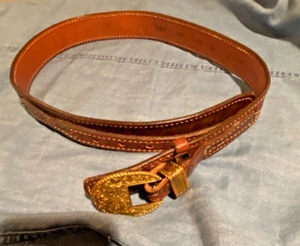 VTG TEXTAN Genuine Handcarved Leather WESTERN Belt Size 30 Bronze Buckle - Picture 1 of 16