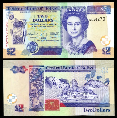 BELIZE 2 Dollars P-66e 2014 UNC- Gorgeous Queen Elizabeth Banknote - Angelfish! Cover