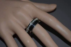 Bague céramique noir, anneau acier inoxydable,strass - Imagen 1 de 1