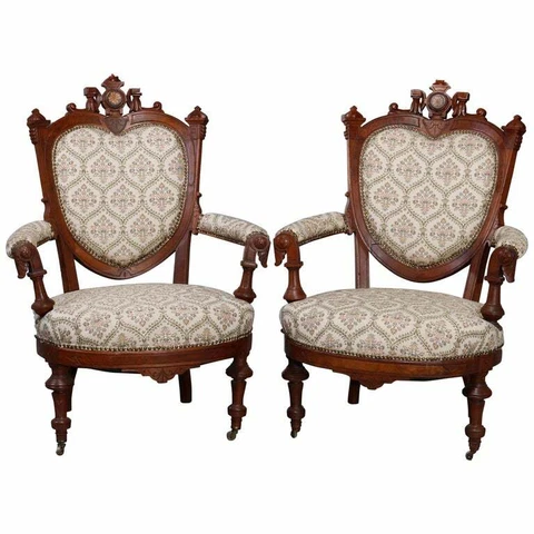 Antique Renaissance Revival Walnut & Burl Parlor Armchairs with Marquetry, c1880 Cover