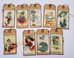 9~St Patrick's Day~Handmade~Primitive~Stained~Linen Cardstock~Gift Tags~Glitter - Picture 1 of 1