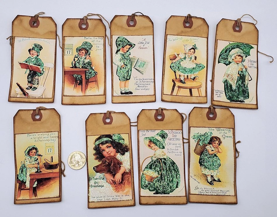 9~St Patrick's Day~Handmade~Primitive~Stained~Linen Cardstock~Gift Tags~Glitter - Image 1 of 1