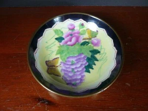 Vintage Brass Covered Ceramic Bowl Wall Art Hand Painted Grapes Butterflies 5" - Picture 1 of 5