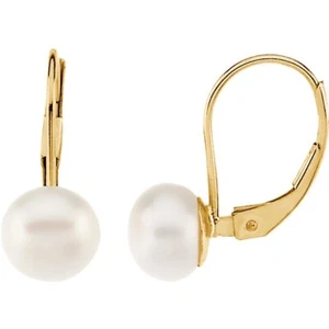 Pearl Earrings Leverback Freshwater White Drop Set 14K Solid Yellow Gold - Picture 1 of 3