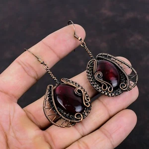 Red Fire Labradorite Wire Wrapped Earrings Handcrafted Copper Partywear 2.87" - Picture 1 of 6