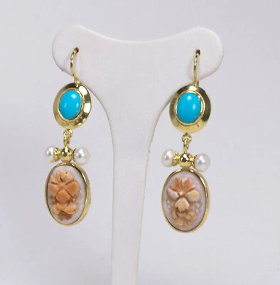 ORECCHINI IN ARGENTO 925 DORATO CON PERLE CAMMEI FIORI E TURCHESE  AGHT 0692 - Immagine 1 di 2