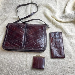 3 teiliges Set Aalleder Wildleder braun Schultertasche Geldbörse & Portemonnaie - Bild 1 von 20