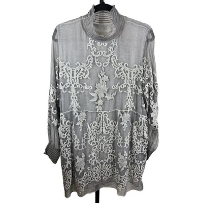 Blusa túnica bordada 100 % gris seda Soft Surroundings grande Foto 1 de 4