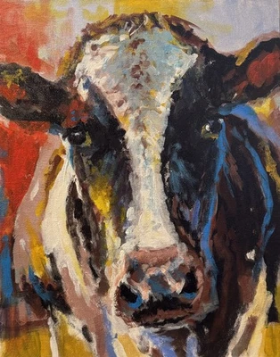 Original Nuevo Tablero de Lienzo Expresionista Vaca Realista Impresionista Óleo Barnyard Foto 1 de 4