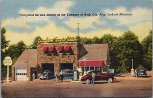 ROCK CITY GARDENS Lookout Mt. Postal LINO "Fairyland Service Station" Gas - Imagen 1 de 2