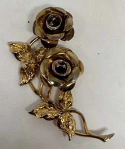 Beau Sterling Silver Two Shiny Roses Gold Tone Flower Brooch Pin Gift Marked - Picture 1 of 7