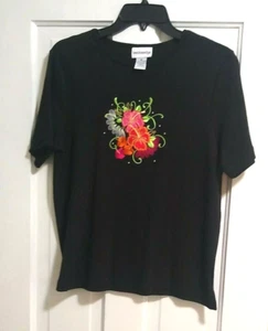 Breckenridge Black with Hibiscus Women's M, EUC short sleeves green red orange - Picture 1 of 6