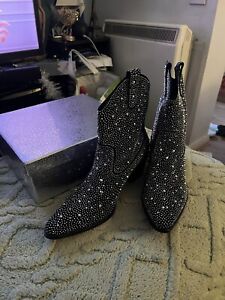Ladies Rhinestone Cowboy Boots Size 7.5 Black Heeled 