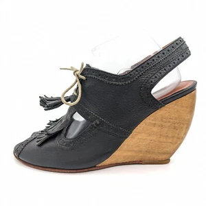Rachel Comey Sing Black Leather Slingback Lace Up Wood Peep Wedge Womens 9.5 - Picture 1 of 10