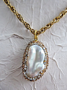 Natural Baroque Blister Pearl & Crystal Pendant on Gold Tone Chain