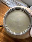 Silver colored round plater with stand up sides About 15" across and 1.5 tall