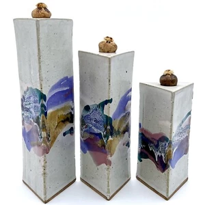 Set Of 3 Signed Studio Art Pottery Triangle Oil Lamps Blue Purple Green Glaze - Picture 1 of 15